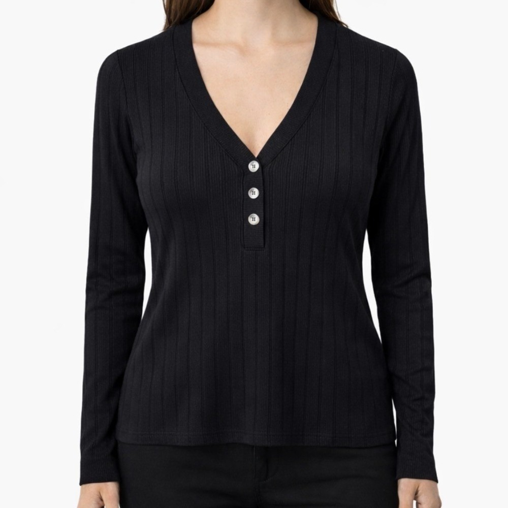 Banana Republic Womens Black Ribbed Button Long Sleeve V Neck Henley Shirt Top M